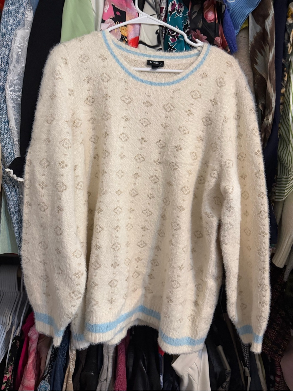 torrid Cream Fuzzy Knit Sweater with Light Blue Trim 2